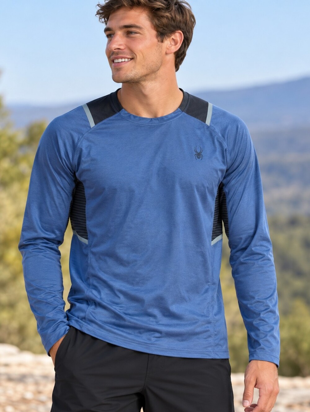 Men's Spyder Blue Crewneck Performance Sweatshirt with Black Accents